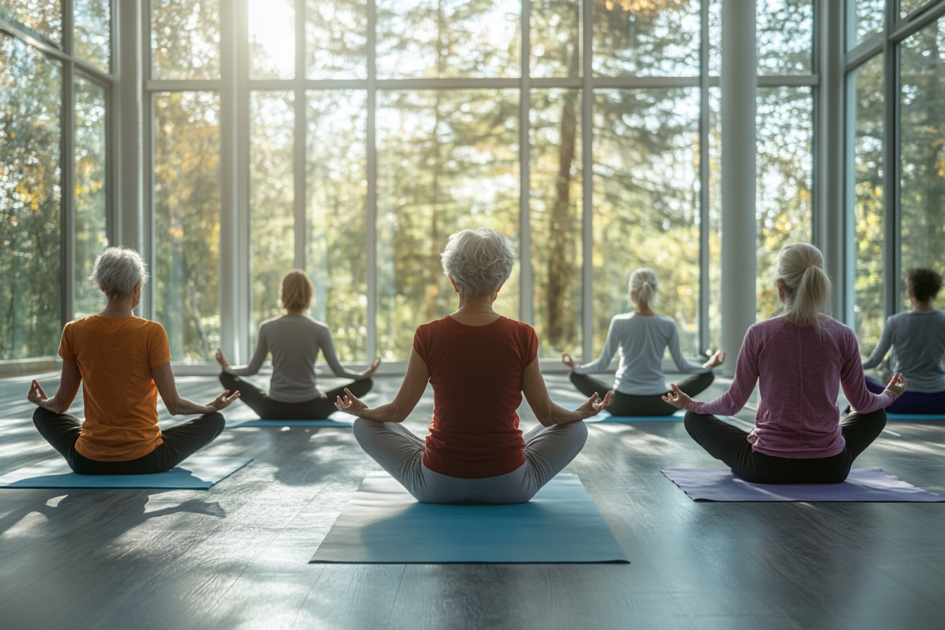 Група людей зрілого віку виконує дихальні вправи в світлій йога-студії