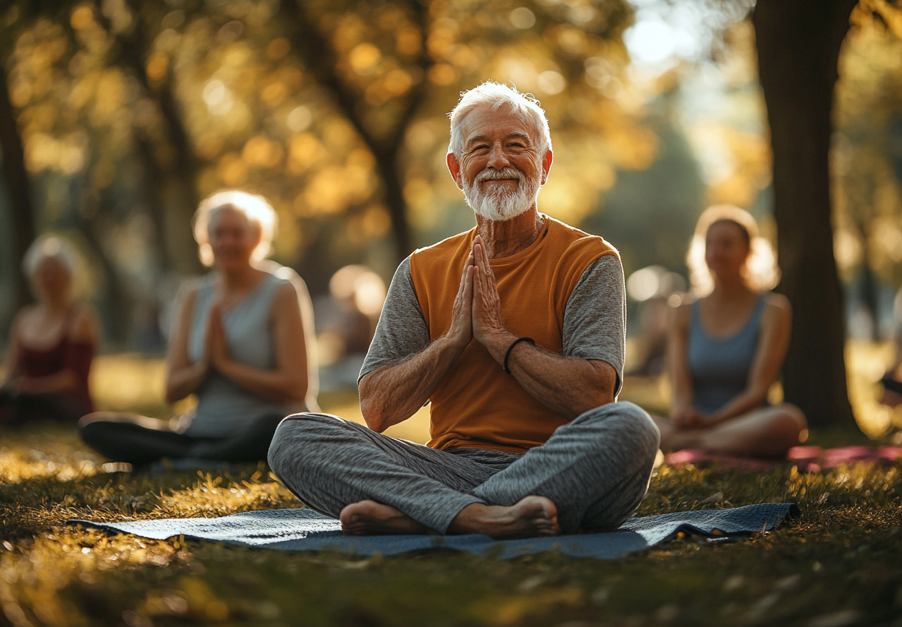 Досвідчений інструктор йоги допомагає літній жінці виконати асану в комфортній обстановці